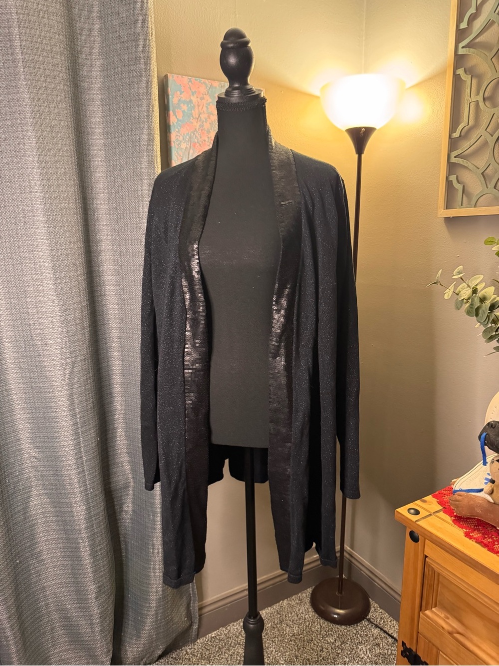 Soft Surroundings Black Open-Front Cardigan with Rhinestone Trim